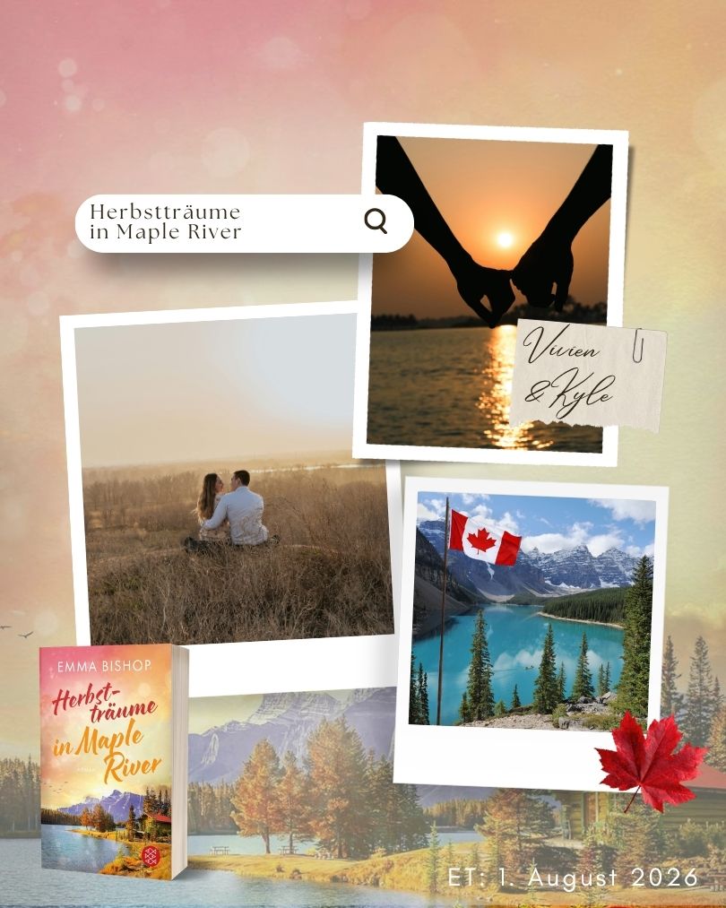 Moodboard-Grafik mit Polaroids zu „Herbstträume in Maple River“ von Emma Bishop