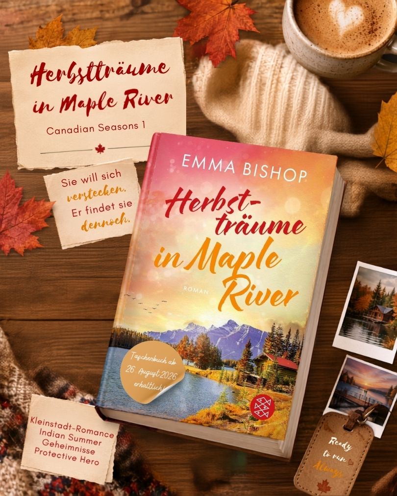 Herbstliches Buchflatlay für „Herbstträume in Maple River“ von Emma Bishop